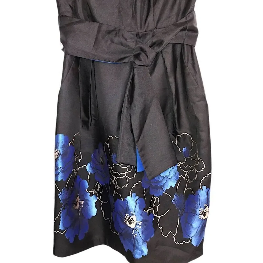 ALEX Womens Dress Sz‎ 6 Evenings Black Blue Floral Sheath Cap Sleeves Taffeta